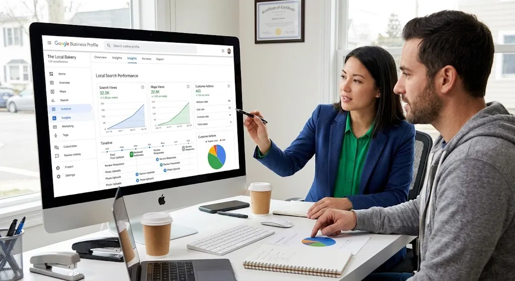Google Business Profile optimization interface showing local search performance for a small business