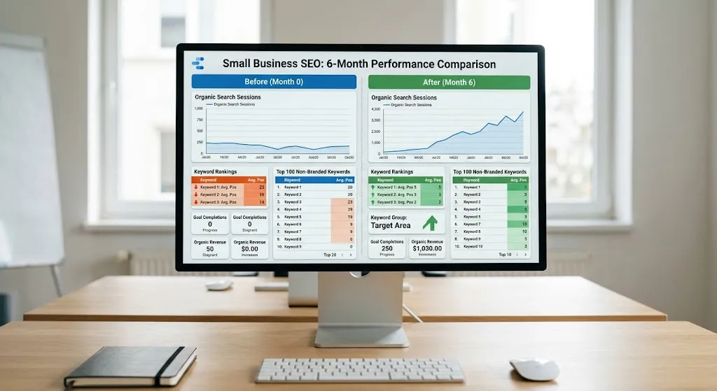 Before-and-after SEO performance dashboard showing changes in small business website rankings over six months