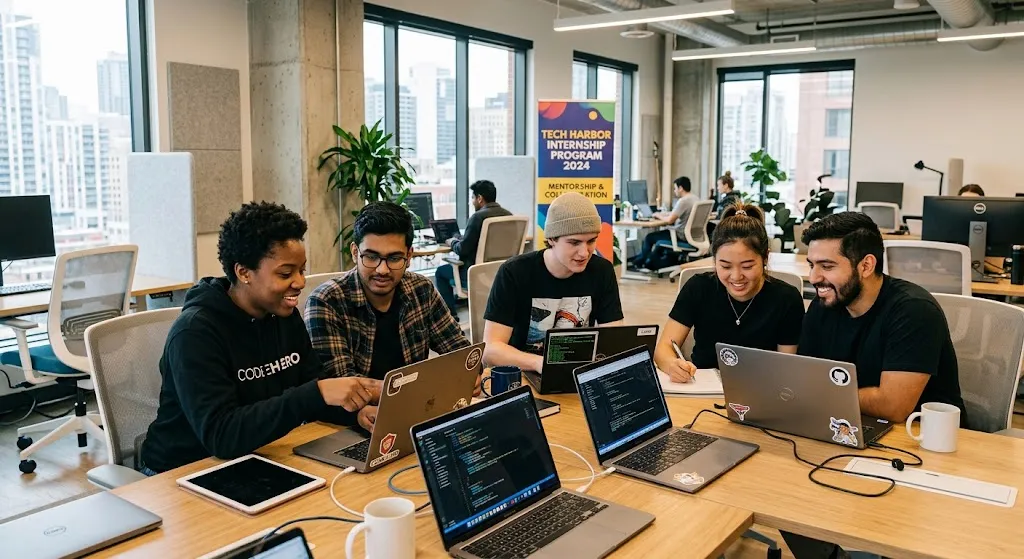 Diverse junior developers collaborating during a web developer internship