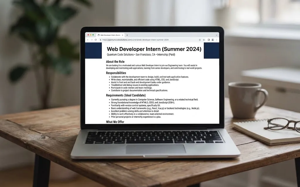 Web developer intern job posting displayed on laptop screen