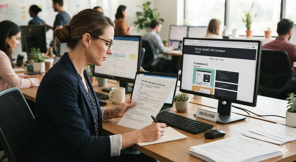 Recruiter reviewing web developer resumes and portfolios