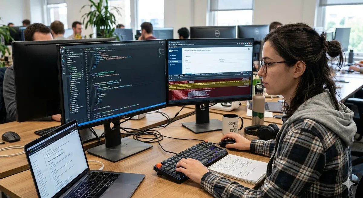 Web developer reviewing code and debugging tools