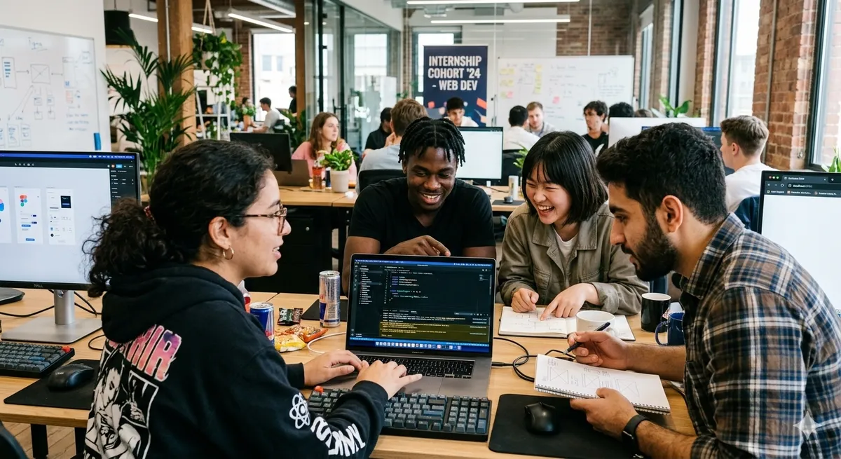 Diverse junior developers collaborating during a web developer internship