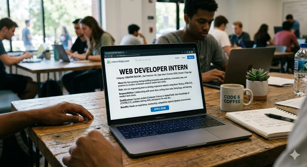 Web developer intern job posting displayed on laptop screen
