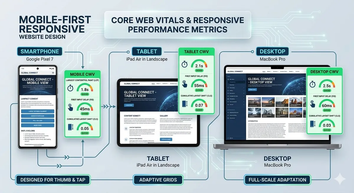 Mobile-first responsive website design across desktop, tablet, and smartphone screens, with Core Web Vitals performance indicators.