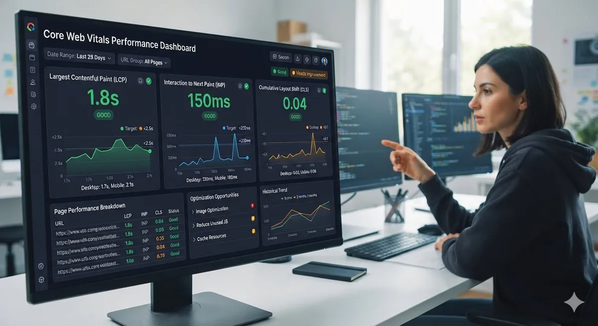 Core Web Vitals dashboard showing LCP, INP, and CLS metrics for website performance optimization.