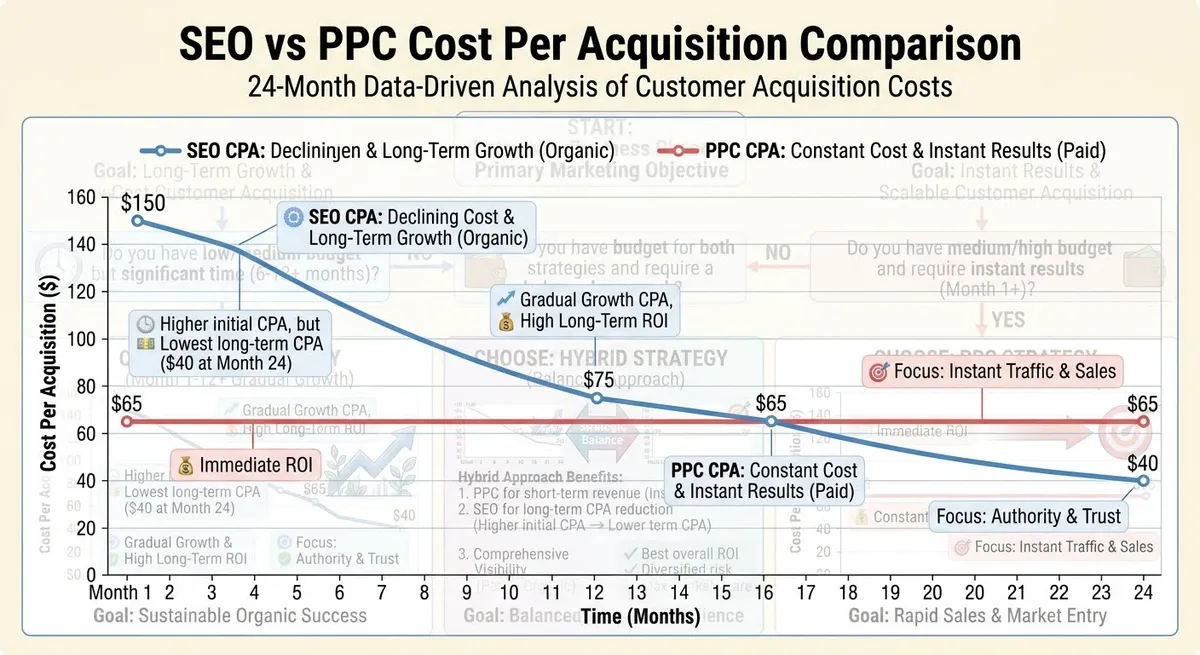 SEO vs PPC cost per acquisition comparison