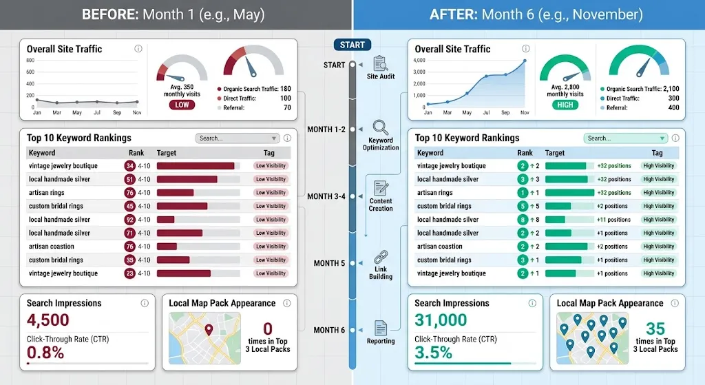 Before-and-after SEO performance dashboard showing changes in small business website rankings over six months